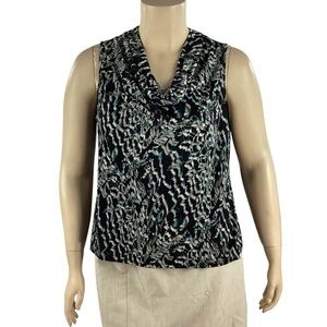Kasper Cowl Neck Sleeveless Shell Abstract Print Black Multicolor XL